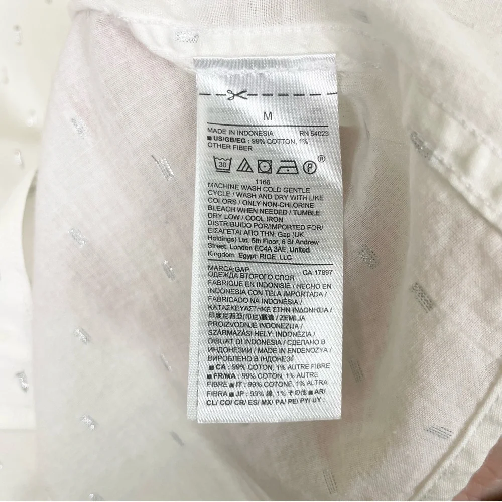 Gap Fitted Boyfriend White Button Down Silver Metallic Clip Dot Shirt Size M - Picture 13 of 14